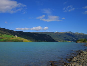 Scenic view of lake and mountains against sky