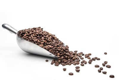 High angle view of coffee beans against white background