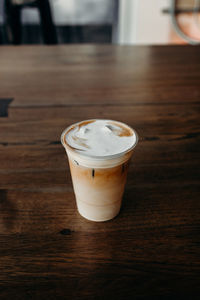 High angle view of iced coffee on table