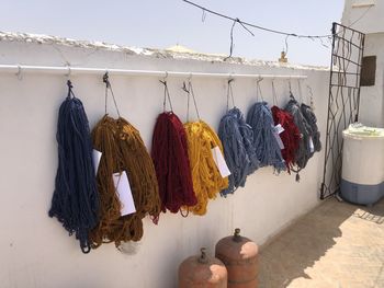 Low angle view of clothes drying on wall