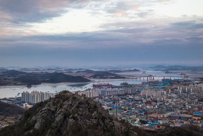 High angle view of townscape against sky during sunset