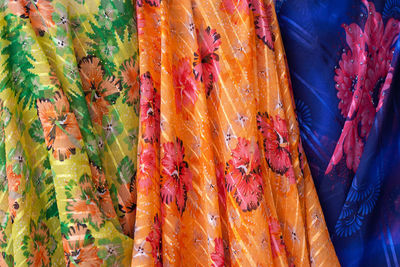 Full frame shot of multi colored sari in market for sale