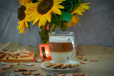 Close-up of sunflowers on table