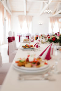 High angle view of food served on table