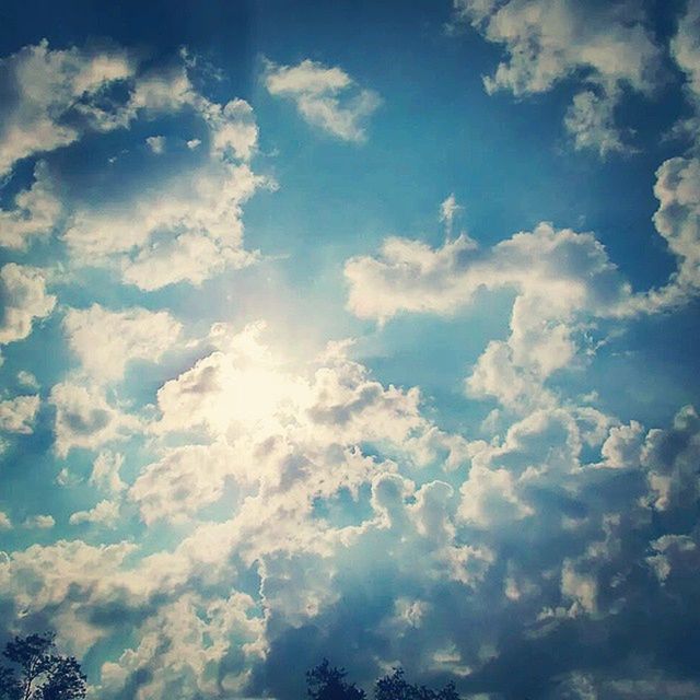 low angle view, sky, cloud - sky, beauty in nature, tranquility, scenics, tranquil scene, nature, sky only, cloudy, cloudscape, blue, cloud, idyllic, backgrounds, outdoors, sunlight, full frame, tree, day