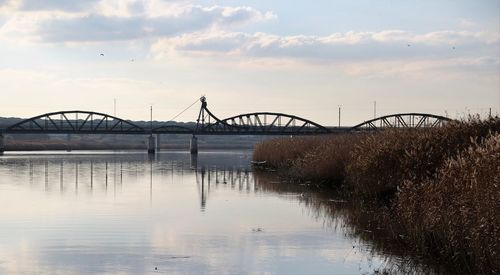 Bridge over river against sky during sunset