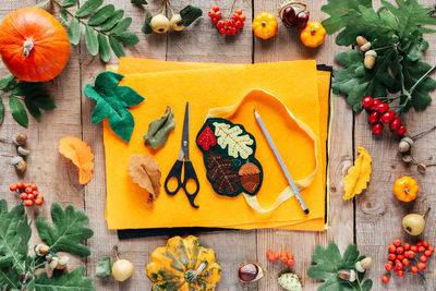 High angle view of christmas decorations on table