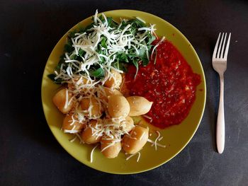 High angle view of food in plate on table