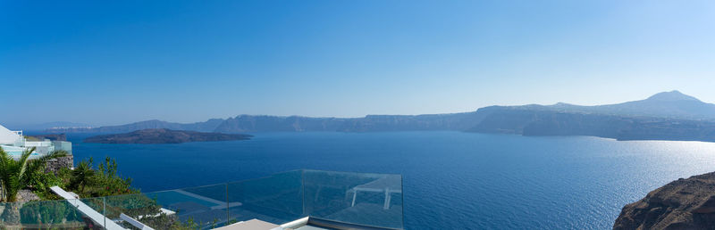 Beautiful panoramic view from akrotiri to santorini caldera and vulcano on  a sunny day. 