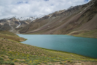 Scenic view of lake and mountains against sky