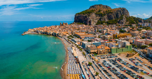 Aerial scenic view of the cefalu, medieval village of sicily island