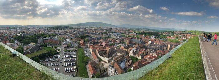 High angle shot of townscape against sky