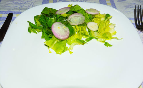 High angle view of chopped vegetables in plate