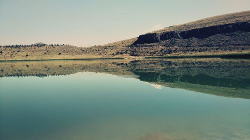 Scenic view of lake with mountain range in background