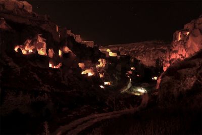 High angle view of illuminated fire at night