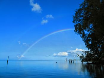 Scenic view of rainbow over sea against blue sky