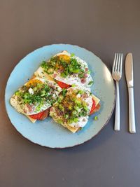 High angle view of breakfast served on table