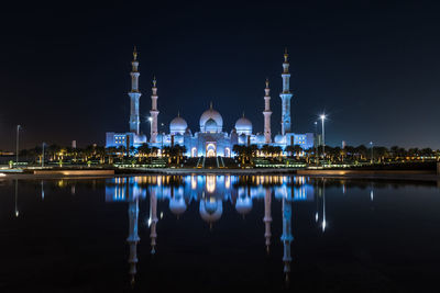 Reflection of illuminated buildings in lake at night