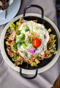 High angle view of food in plate on table