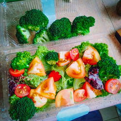 High angle view of chopped vegetables on table