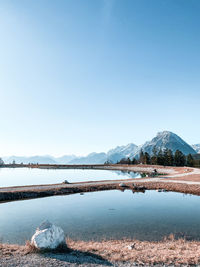 Scenic view of lake against clear blue sky