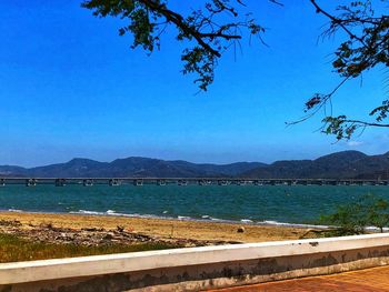 Scenic view of sea against clear blue sky