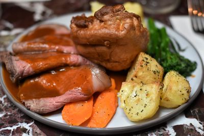 Close-up of meat in plate on table