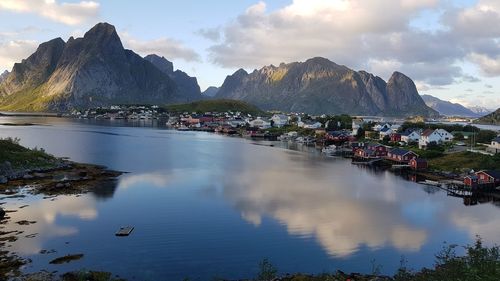 Scenic view of lake by buildings against sky