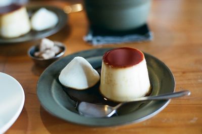High angle view of pudding in plate on table