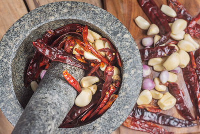 High angle view of spice in mortar and pestle