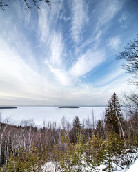 Scenic view of snow covered land against sky