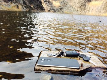 High angle view of abandoned boat in lake