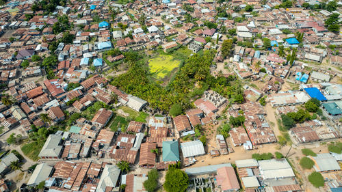 High angle view of buildings in city