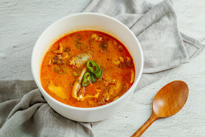 Close-up of soup in bowl on table