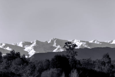 Scenic view of snowcapped mountains against clear sky