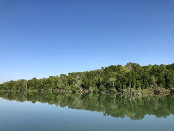 Scenic view of lake against clear blue sky