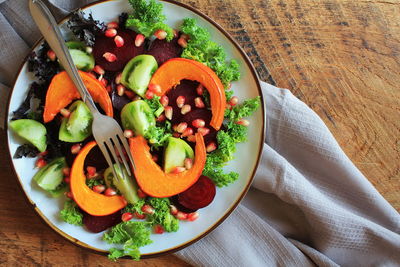 High angle view of salad in plate on table