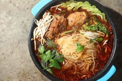 High angle view of food in bowl on table