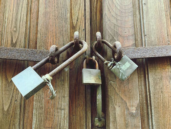 Close-up of padlock on metal door