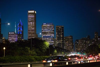 View of city lit up at night