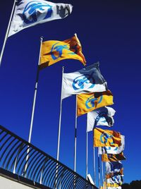 Low angle view of waving flags against clear blue sky