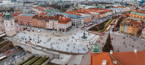 Aerial view of the christmas tree near castle square with column of sigismund