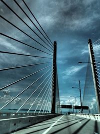 Low angle view of suspension bridge against cloudy sky