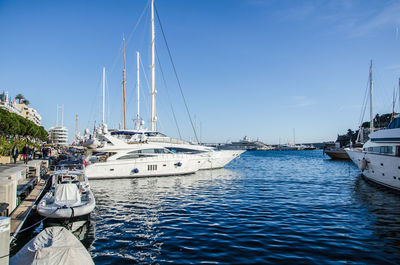 Sailboats moored in sea