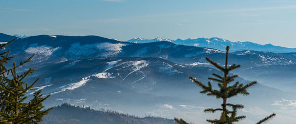 Scenic view of snowcapped mountains against sky