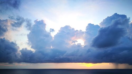 Low angle view of sea against dramatic sky