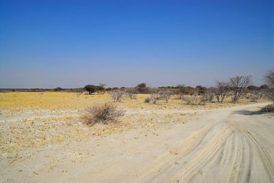 Scenic view of desert against clear blue sky