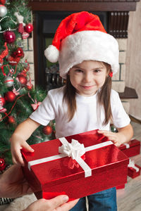 Portrait of woman holding red christmas tree in box