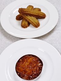 High angle view of dessert in plate on table