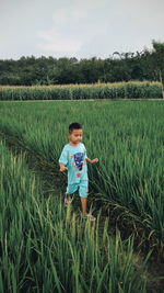 Boy standing on field against sky